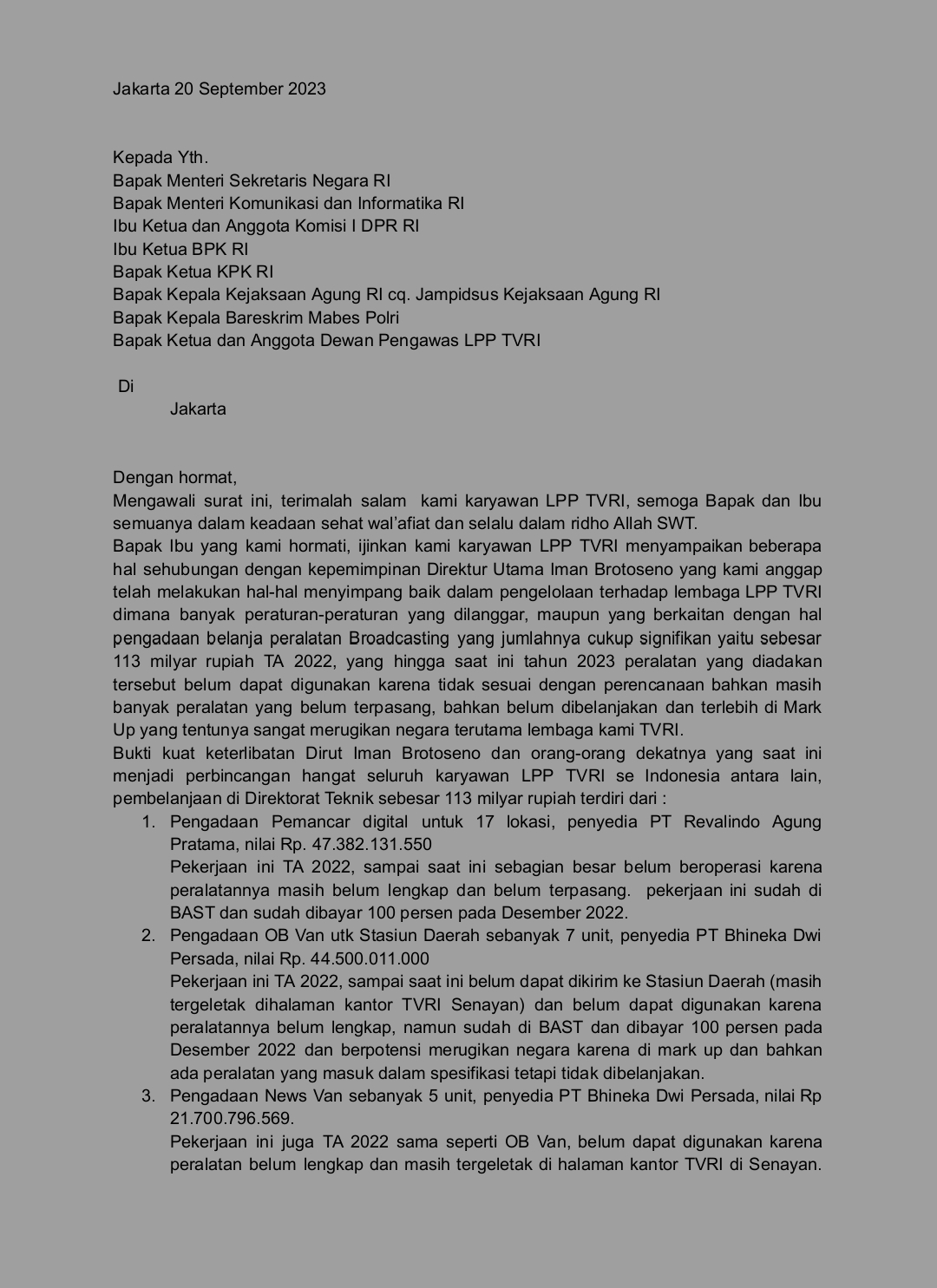 Surat aduan karyawan LPP TVRI